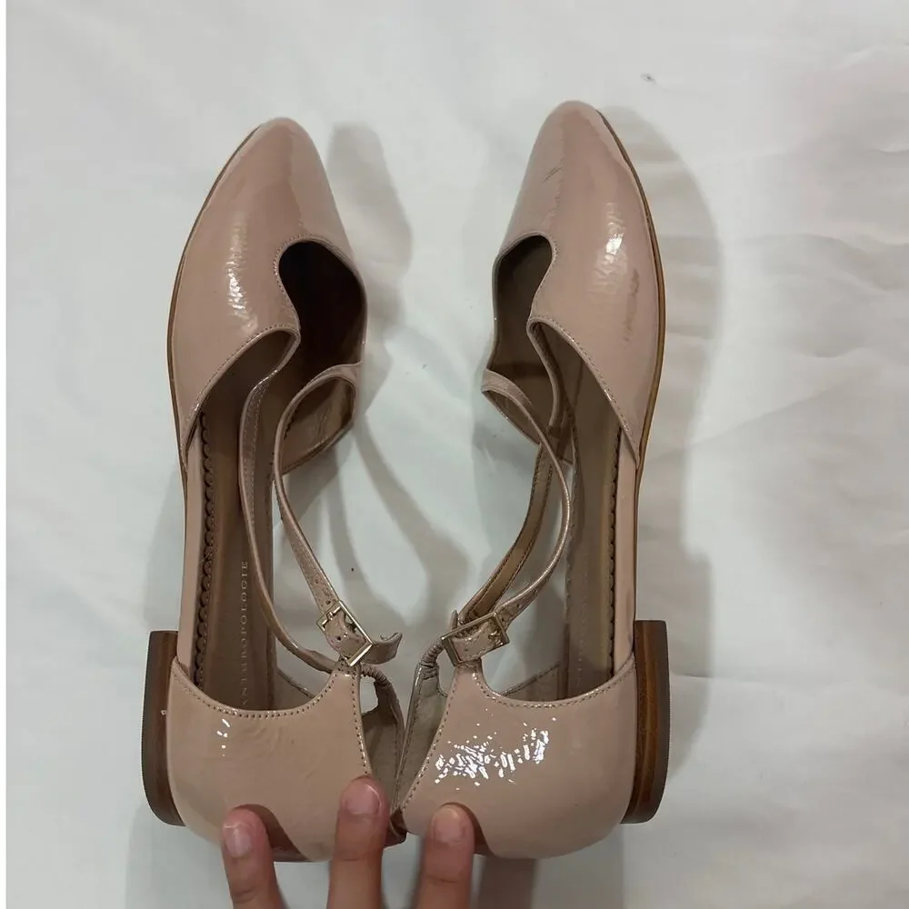Anthropologie Women 9.5 Leather Cross Strap Flat Shoes Nude Neutral Pink Pointed